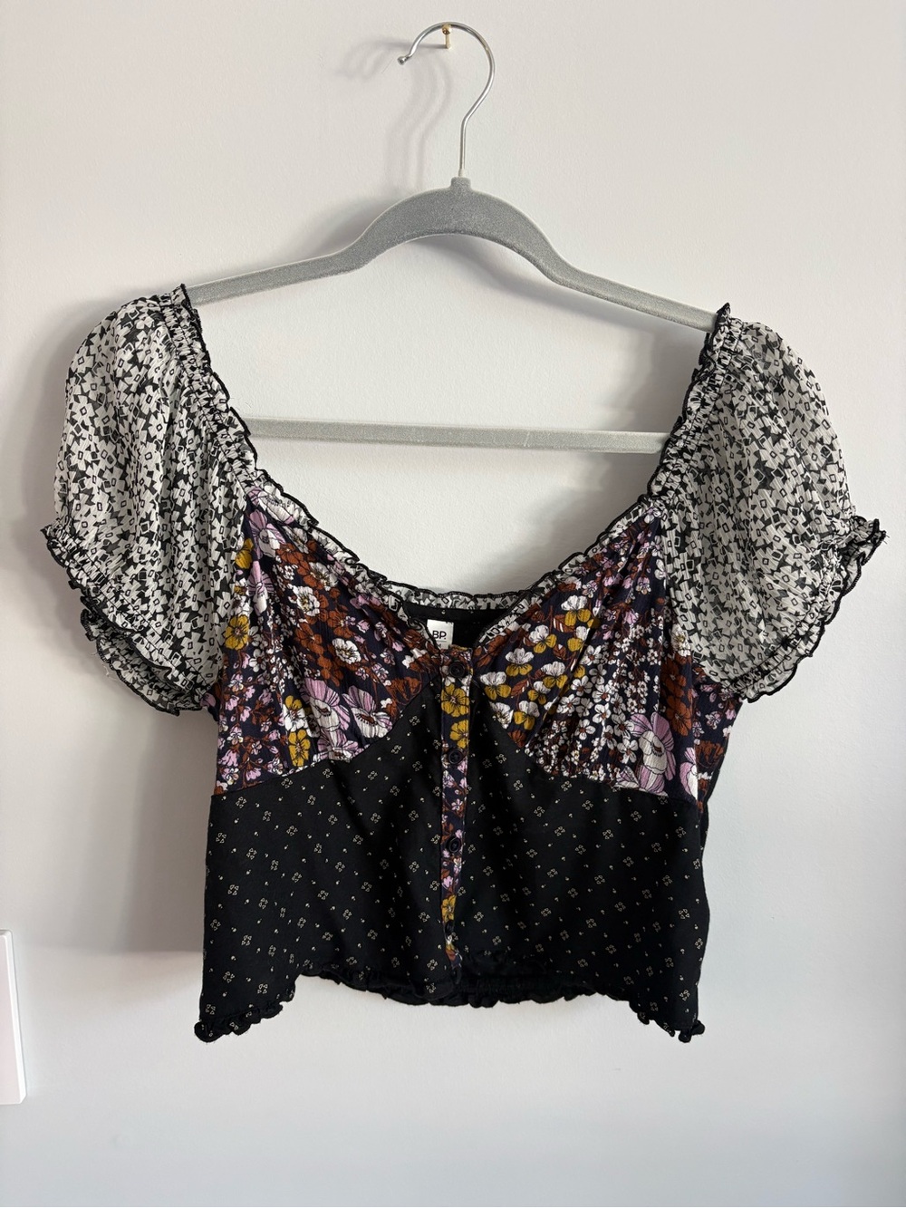 bp Floral Patchwork Puff Sleeve Crop Top - Black, Purple, White, Brown, Yellow
